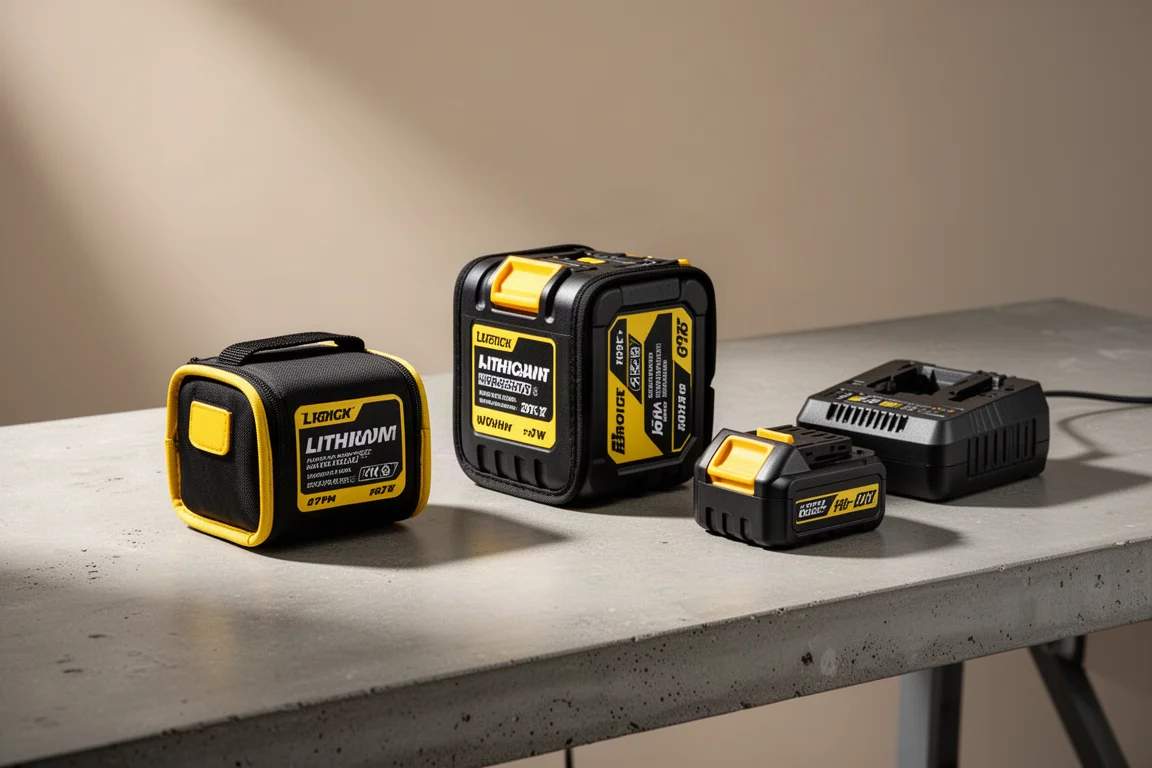 Trois batteries DeWalt 20V Max et un chargeur disposés sur un établi en béton