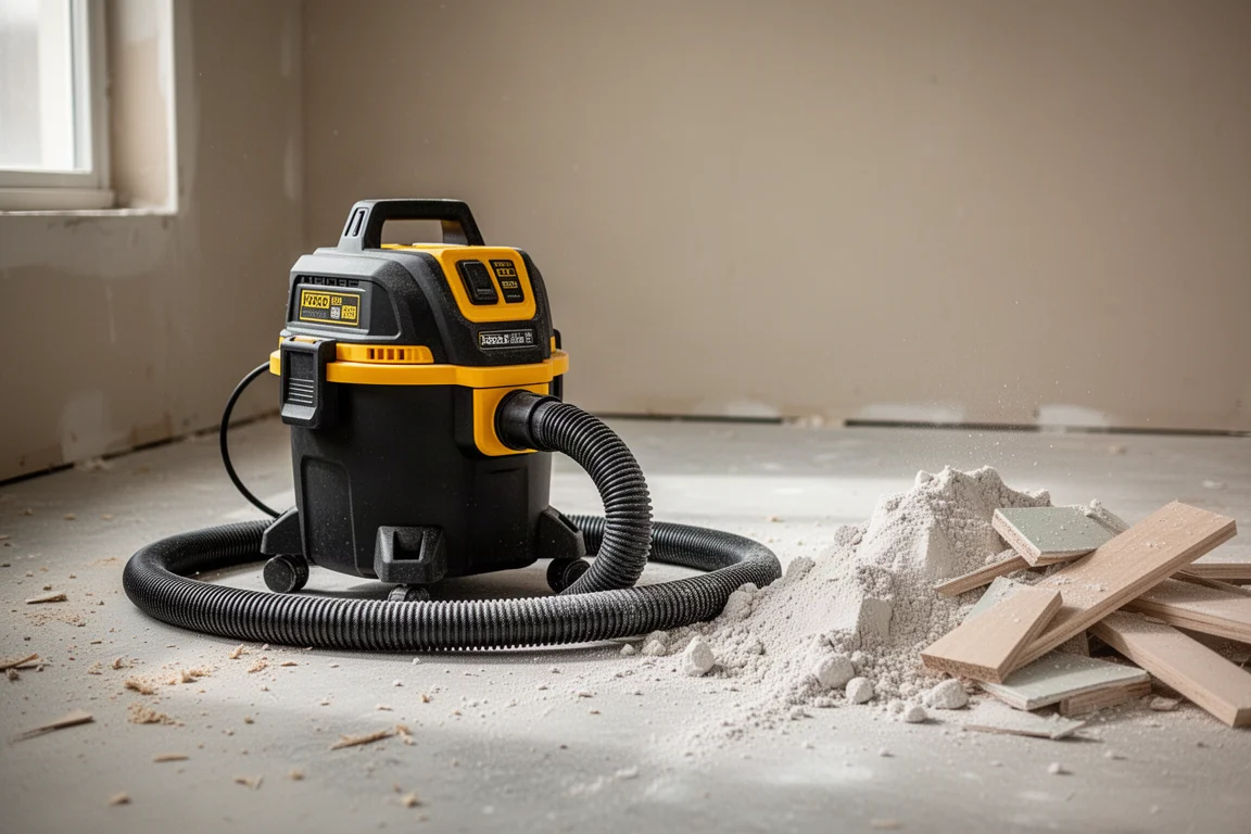 Aspirapolvere compatto da cantiere con tubo flessibile agganciato su un pavimento di officina