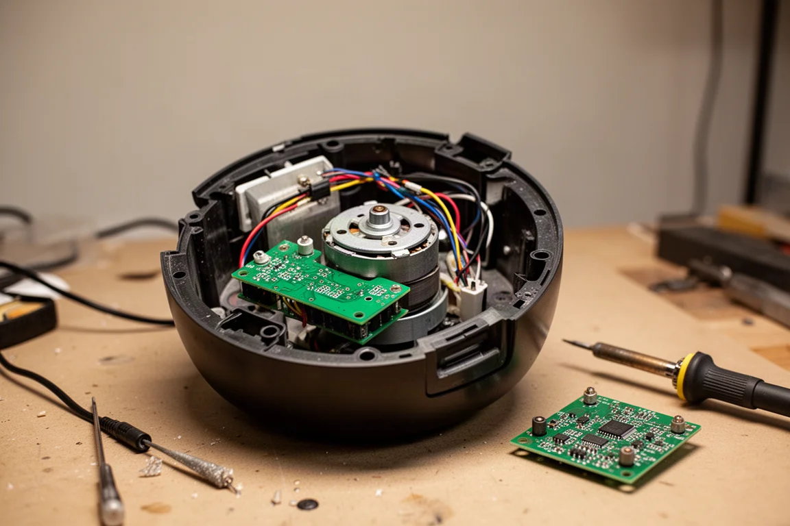Base dell'aspirapolvere aperta che rivela una scheda elettronica con un punto bruciato