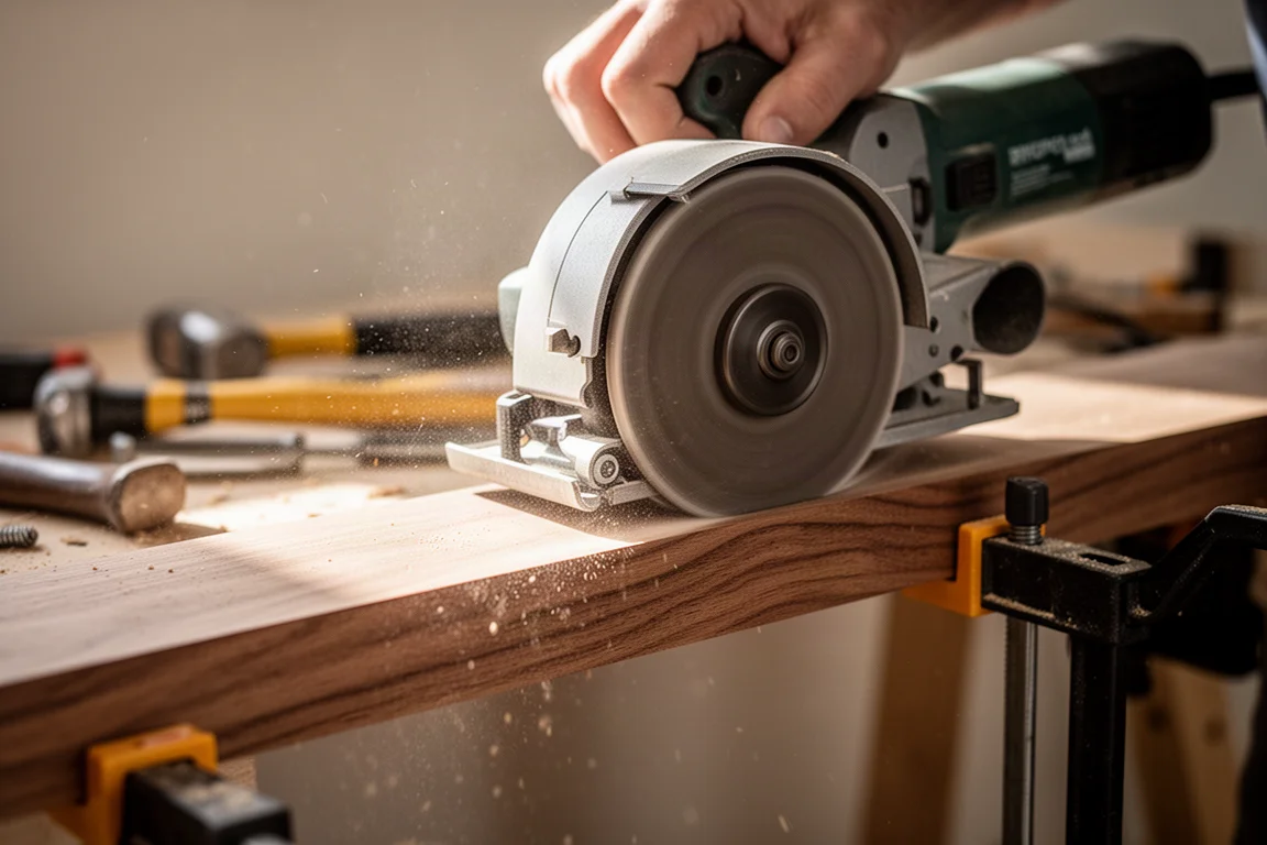 Ponyeur à ruban ponçant une planche de bois dur dans un atelier