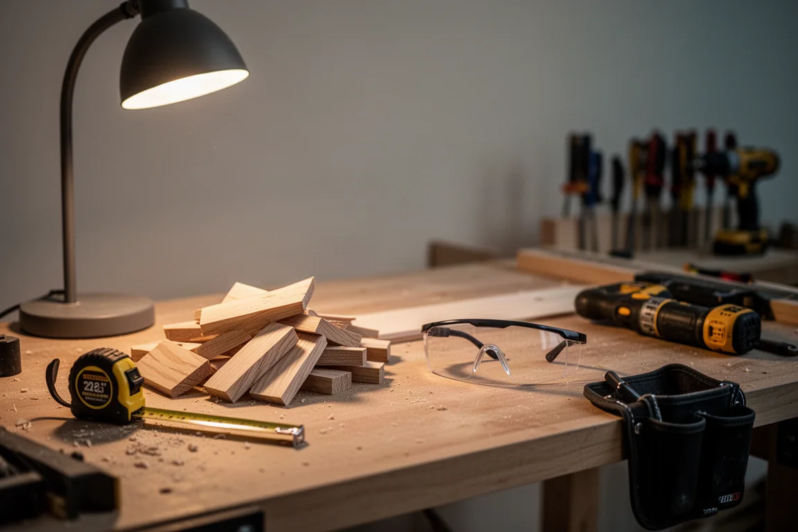 DIY-Werkbankszene mit vor einem Heimprojekt ausgelegten Werkzeugen