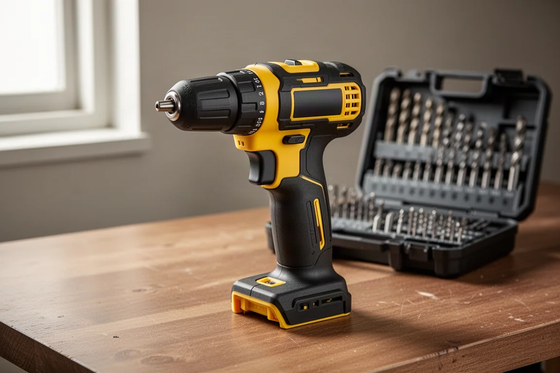 DeWalt 20V Max XR brushless cordless drill driver on a workbench with a bit set case behind