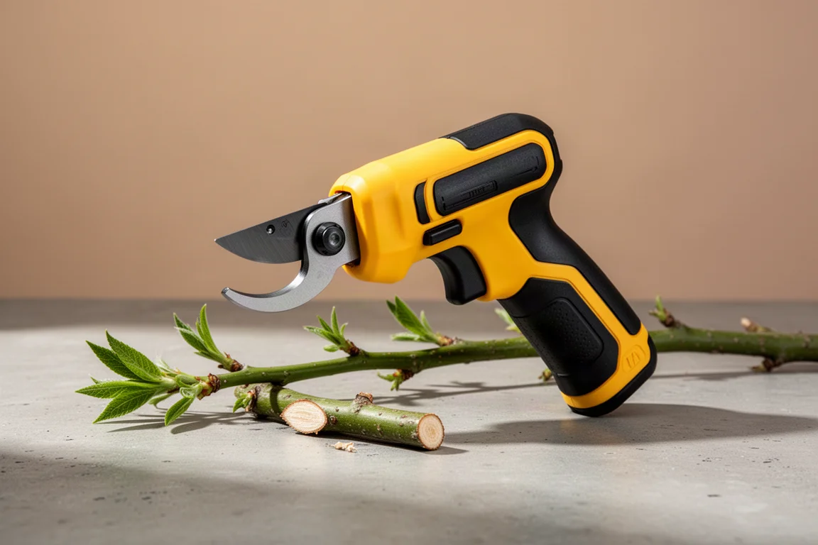 Compact yellow and black cordless pruner on concrete surface beside cut branches