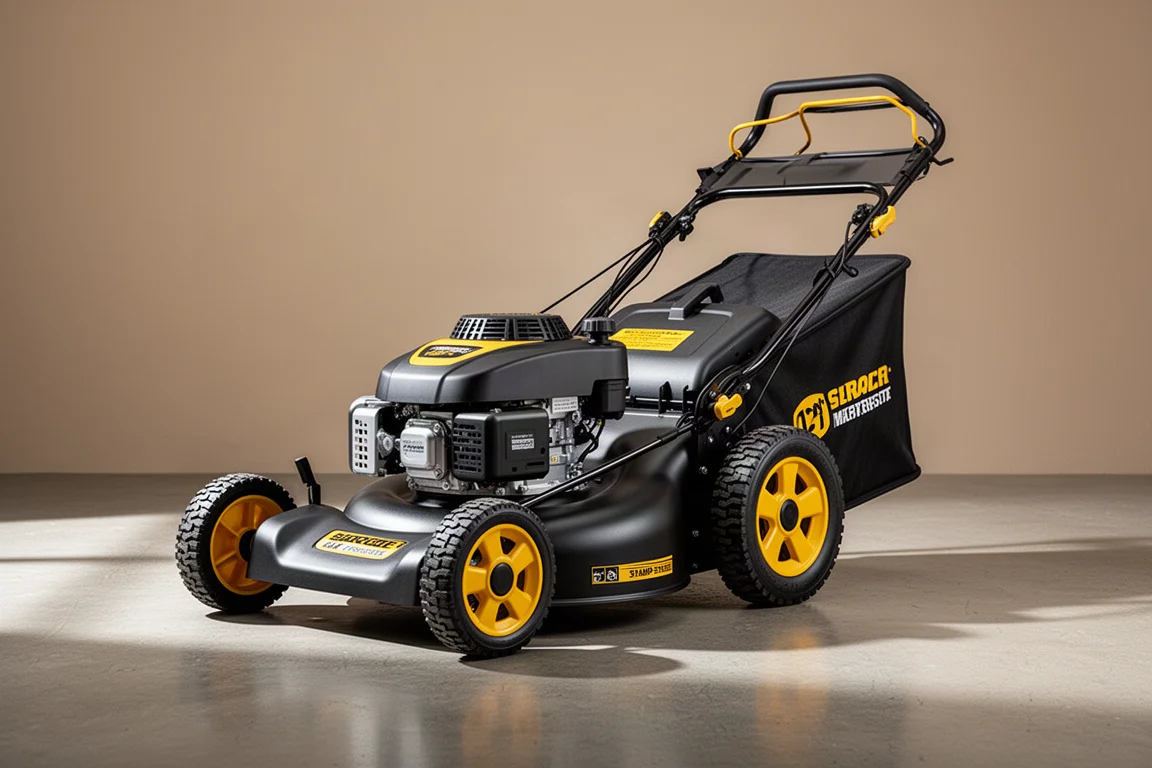 DeWalt 21-inch gas self-propelled lawn mower on a concrete surface