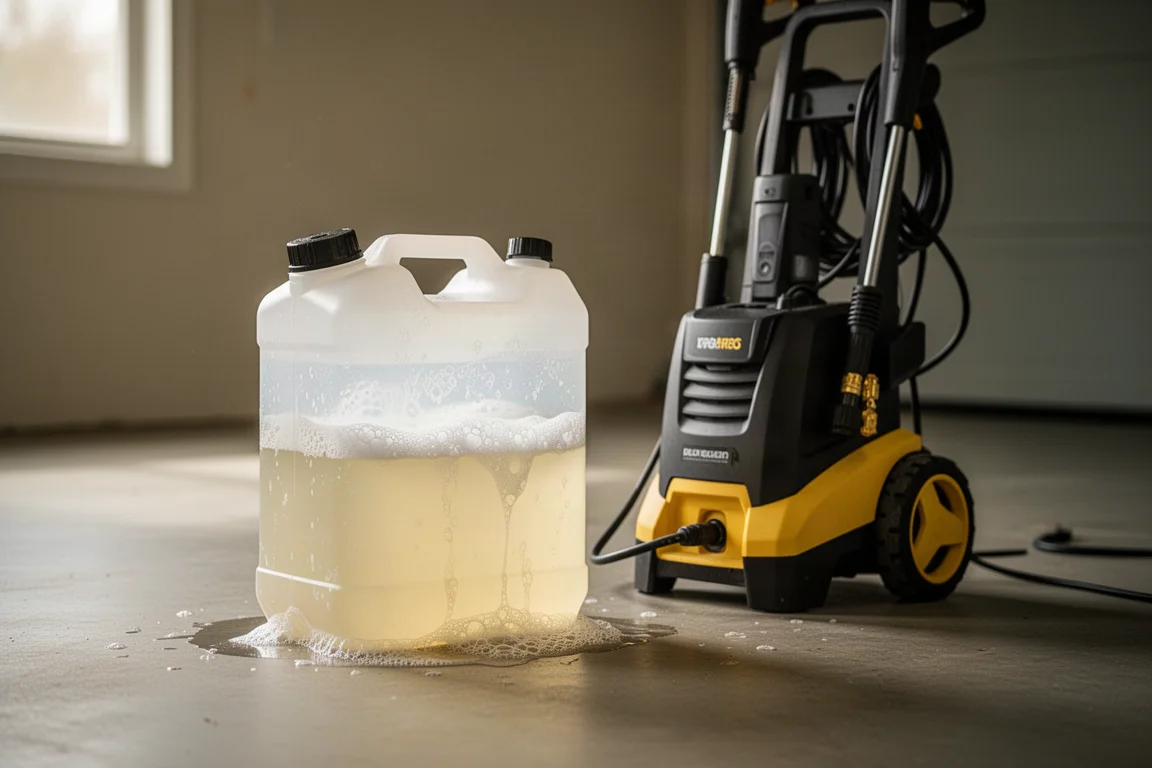 Herausnehmbarer Reinigungsmitteltank wird mit Autowaschseife befüllt