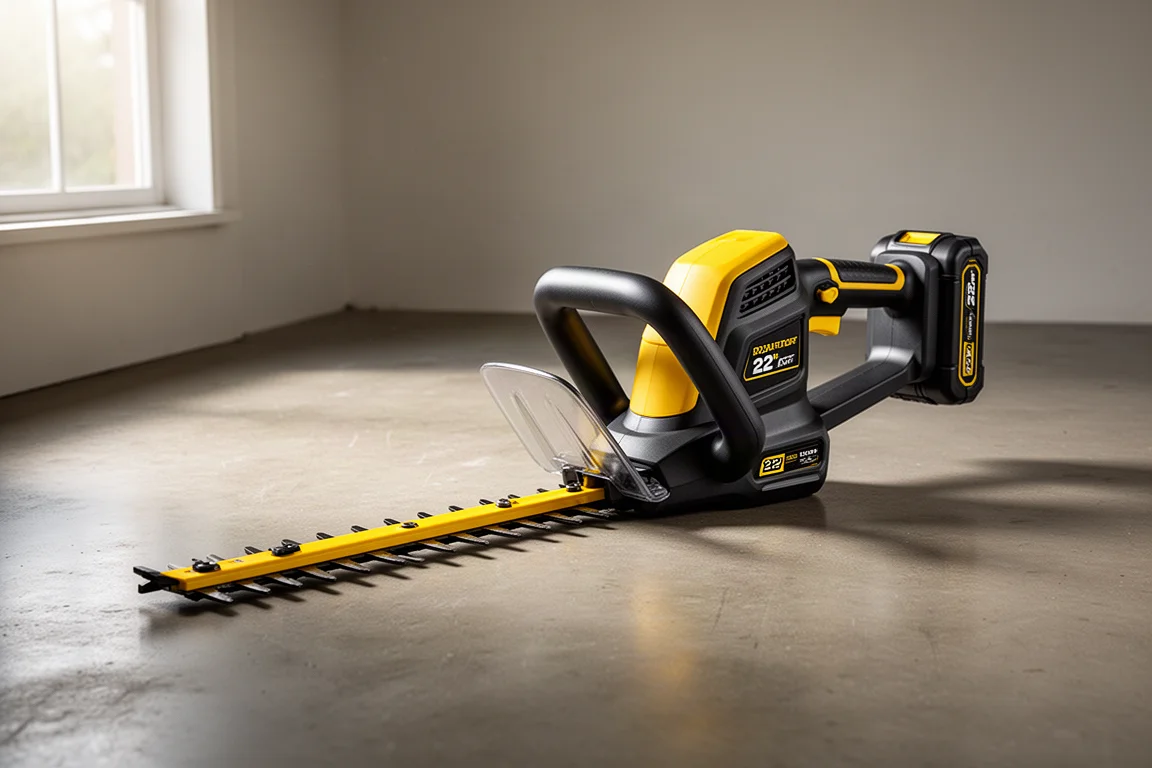DeWalt 22-inch cordless hedge trimmer with battery pack on a concrete surface