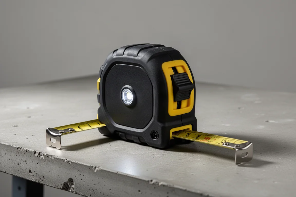 DeWalt 25ft meetslang met LED-lens op een betonnen werkbank