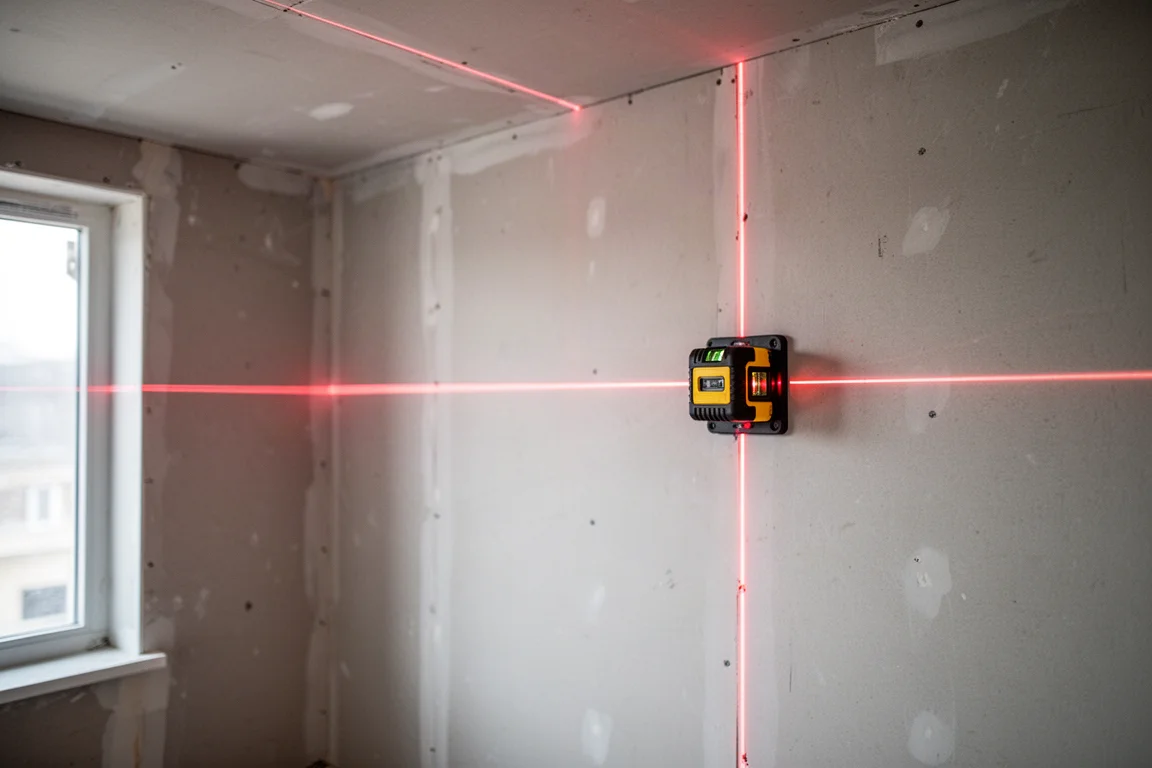 Niveau laser projetant des lignes rouges vives sur un mur en placoplâtre dans une pièce inachevée
