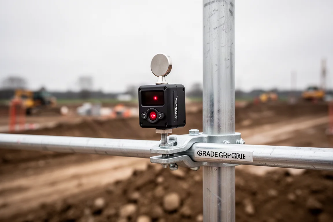 Détecteur laser fixé à une mire sur un chantier de construction extérieur