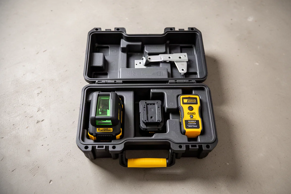 Valise du niveau laser ouverte montrant la batterie, le chargeur, le détecteur et les accessoires de fixation