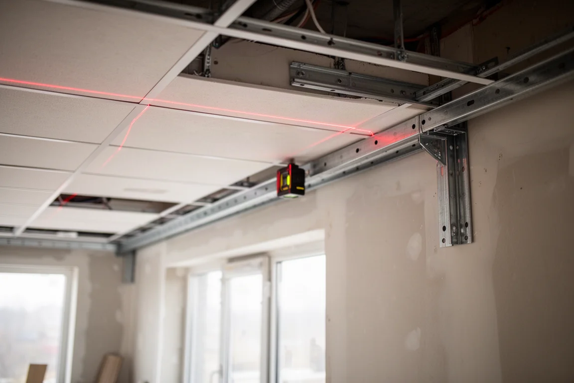 Installateur alignant une grille de faux plafond le long d'une ligne laser dans une pièce commerciale