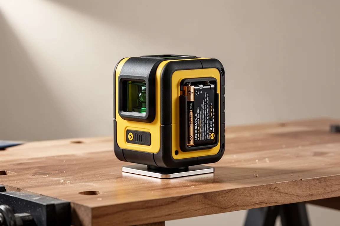 Compact yellow and black three-line laser level on a wooden workbench