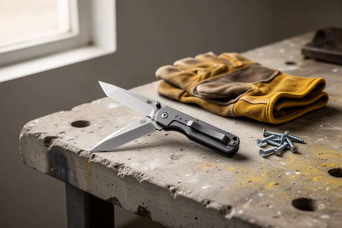 Tanto blade knife lying open on a concrete job site workbench