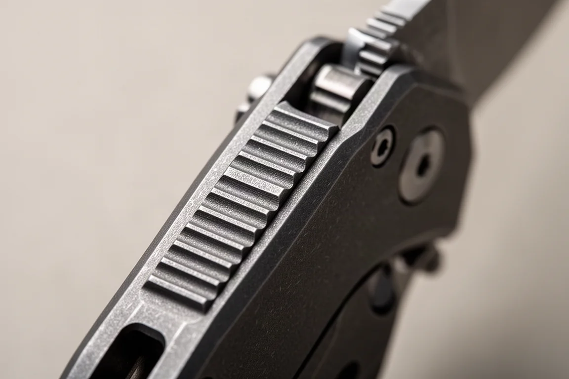 Close-up of textured jimping on the spine of a pocket knife handle