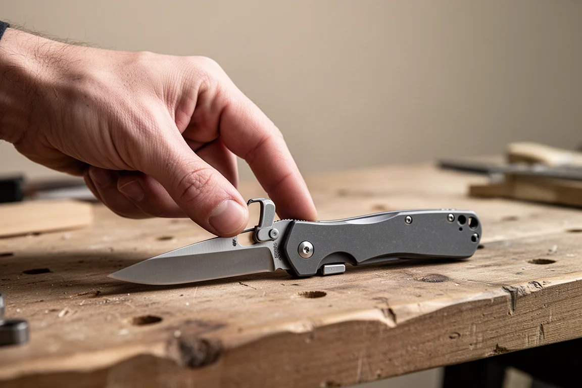 Hand closing a liner lock folder with thumb pressed against the lock bar
