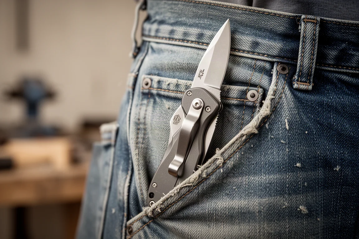 Pocket knife clipped inside a jeans pocket with clip visible at the seam