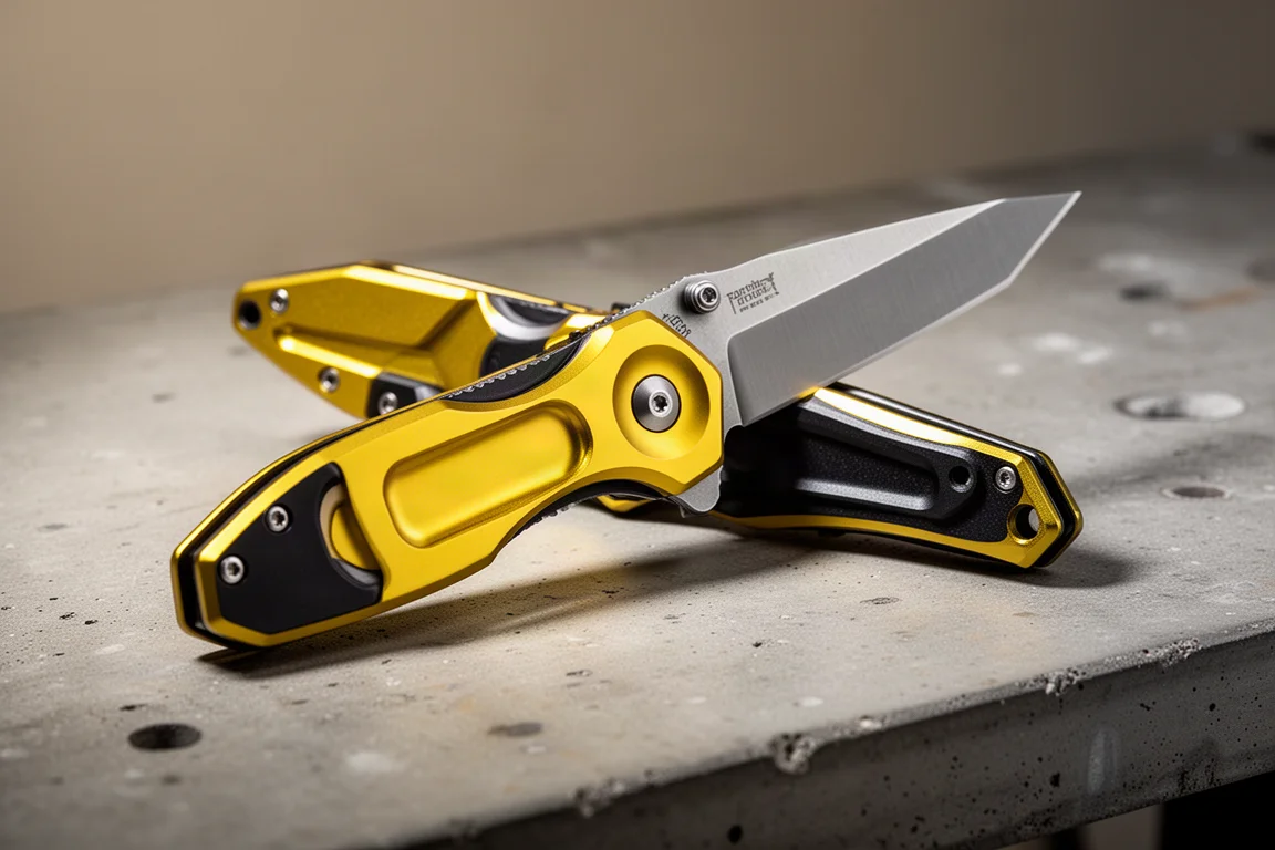 DeWalt 3.3 in Tonto Taschenmesser mit Tanto-Klinge auf einer Betonwerkbank