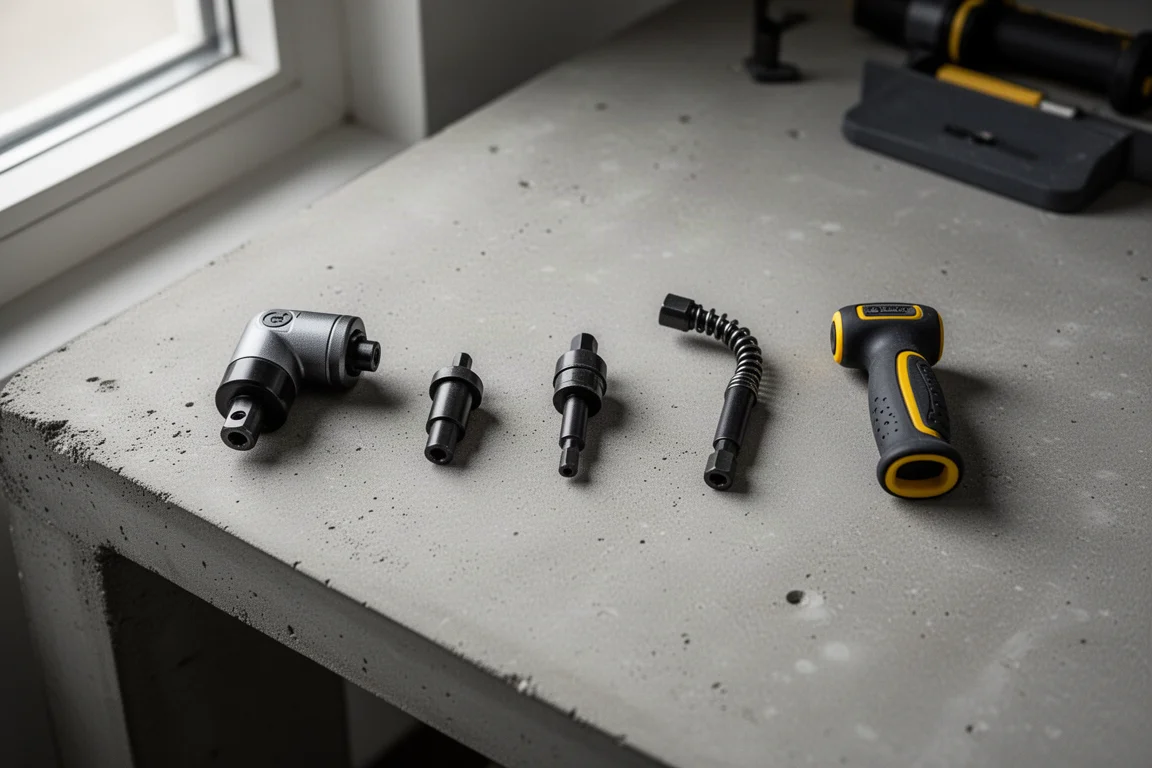 Modular attachment pieces laid out on a workbench before assembly
