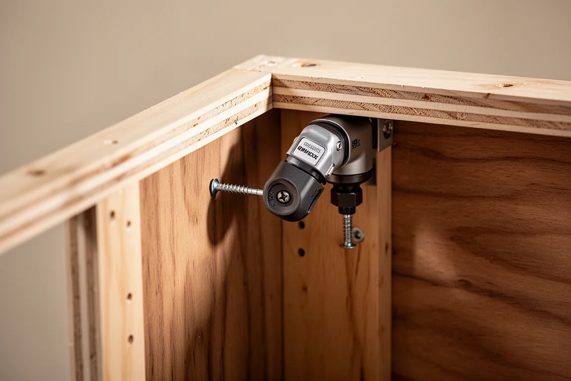 Compact right angle attachment driving a fastener inside a tight cabinet corner