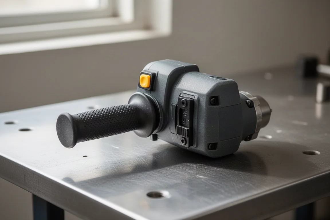 Tool handle mounted on the left side of the attachment for a left-handed grip