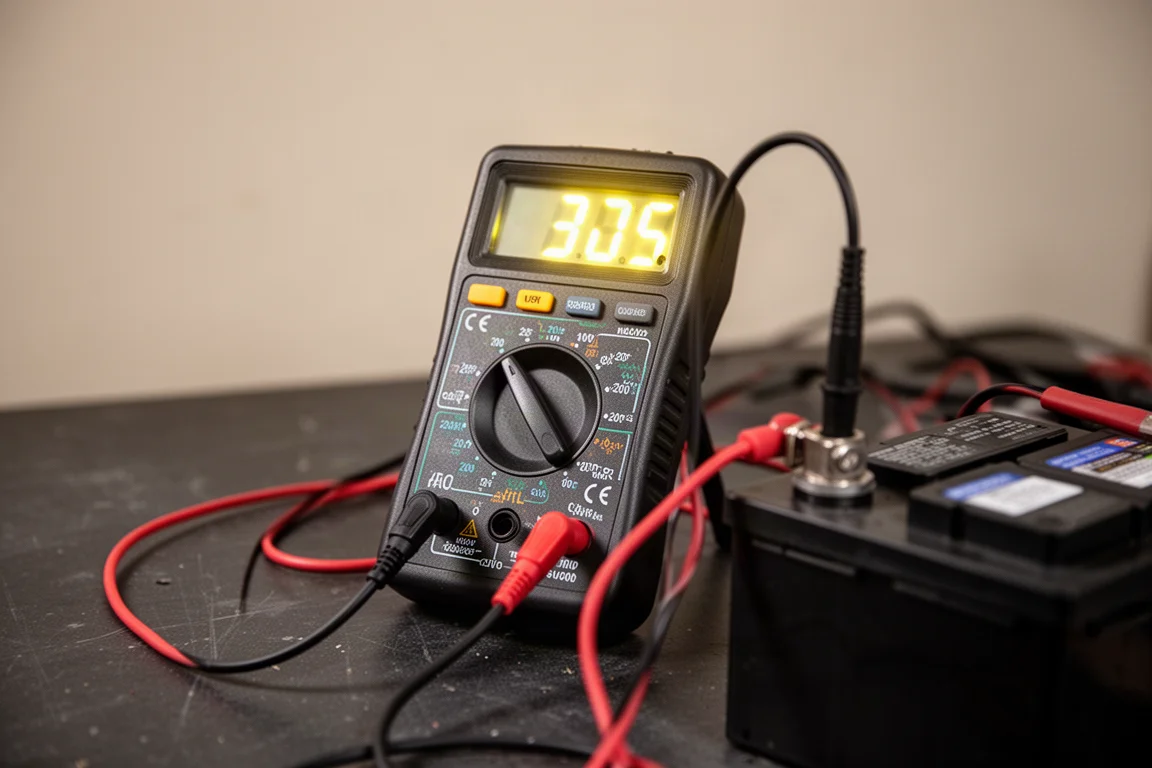 Voltmeter zeigt Spannungswerte auf einer Werkbank in der Werkstatt