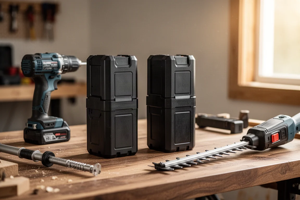 FlexVolt battery packs standing on a workshop bench next to cordless tools