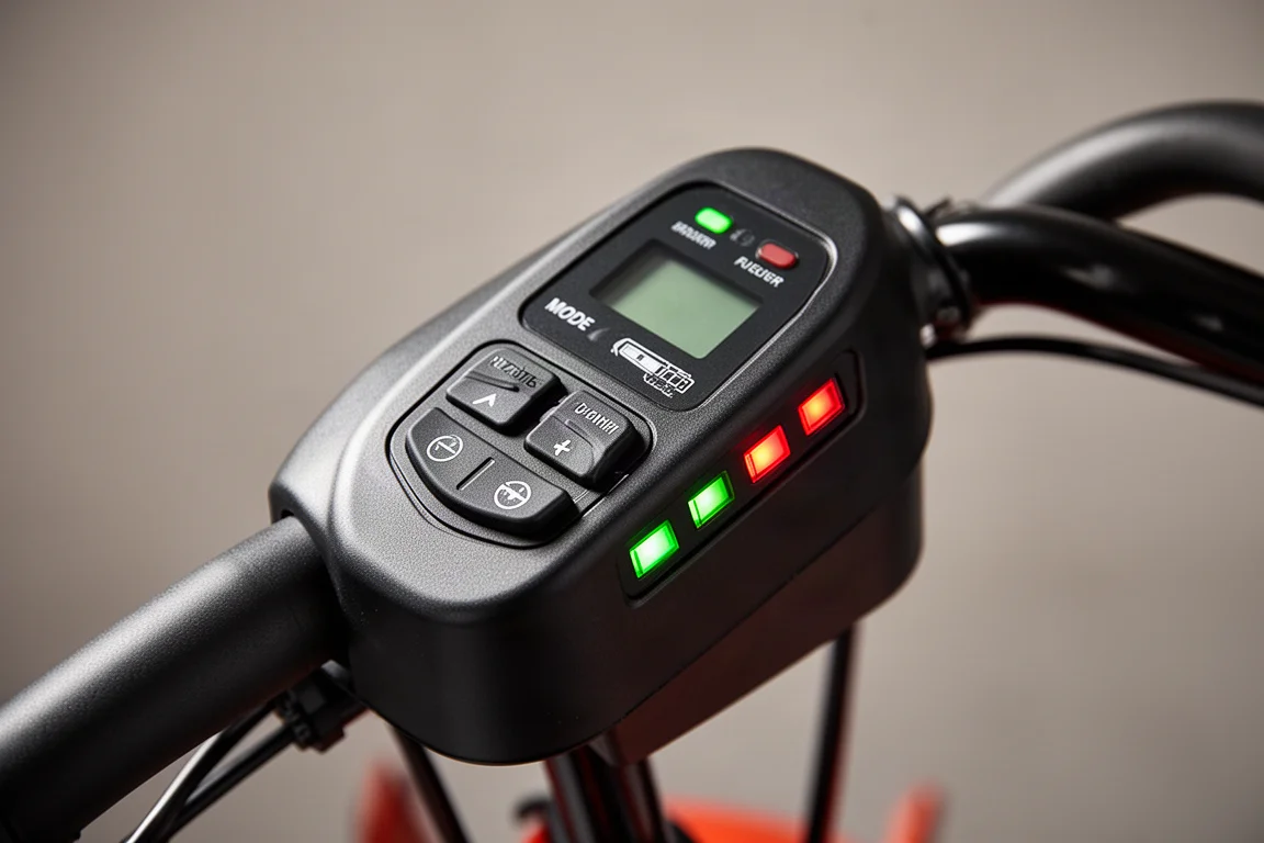 Close-up of a snow blower control panel with rubber overmolded buttons and battery fuel meter