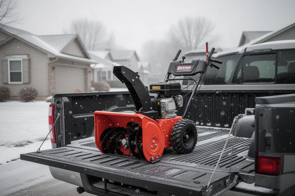 Snow blower folded compactly in the back of a pickup truck bed