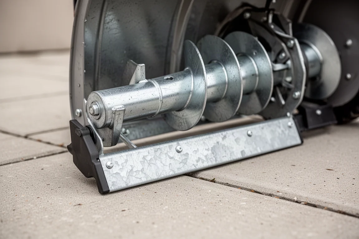 Metal auger housing and scraper bar of a single stage snow blower close to concrete pavement