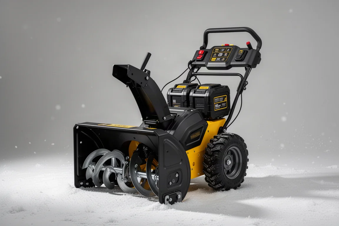DeWalt 60V single stage snow blower shown at three-quarter angle in studio setting