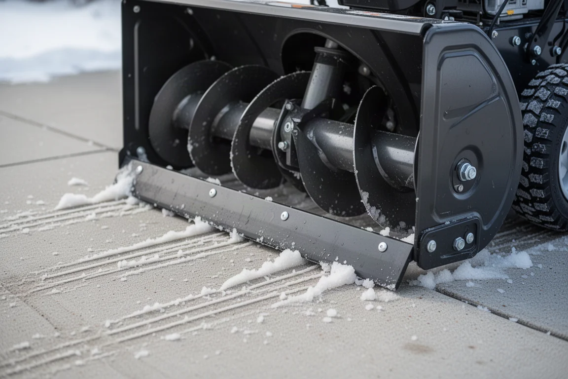 Primer plano del alojamiento del sinfín y la barra raspadora de una sopladora de nieve