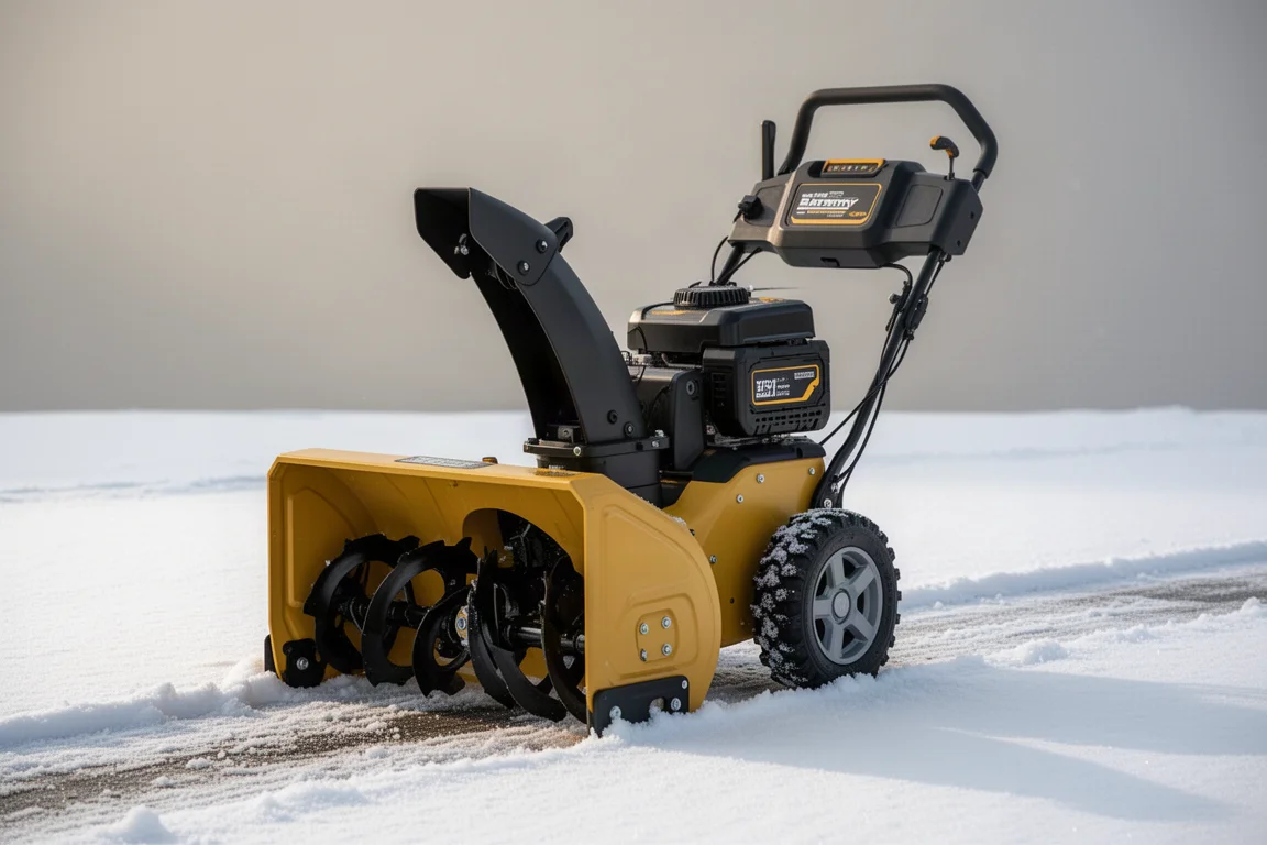 DeWalt 60V FlexVolt battery snow blower on fresh snow-covered pavement