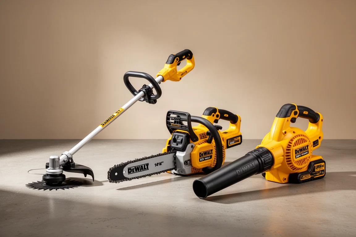 Three DeWalt 60V MAX cordless yard tools: string trimmer, chainsaw, and blower on concrete