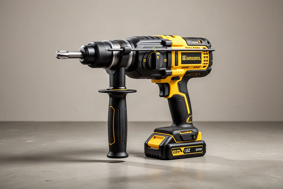 DeWalt 60V SDS Max 两用锤竖立在混凝土地面上