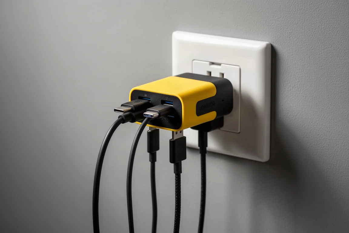 Drei Ladekabel, angeschlossen an die vorderen Anschlüsse eines Wandladegeräts