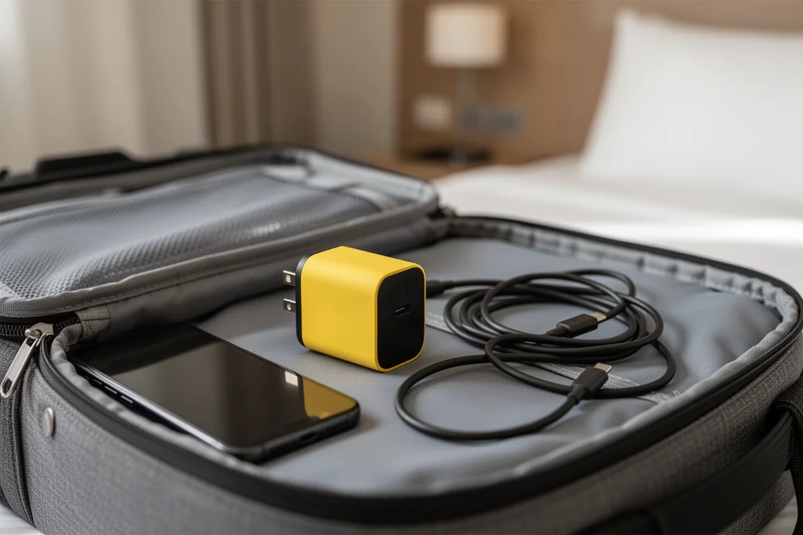 Kompaktes gelbes Ladegerät in einer offenen Reisetasche neben einem Smartphone verstaut