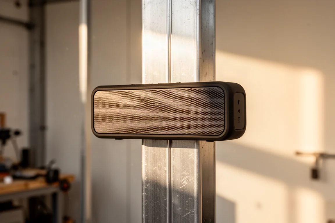 Altavoz Bluetooth negro y delgado apoyado sobre una viga metálica bajo una cálida luz de taller