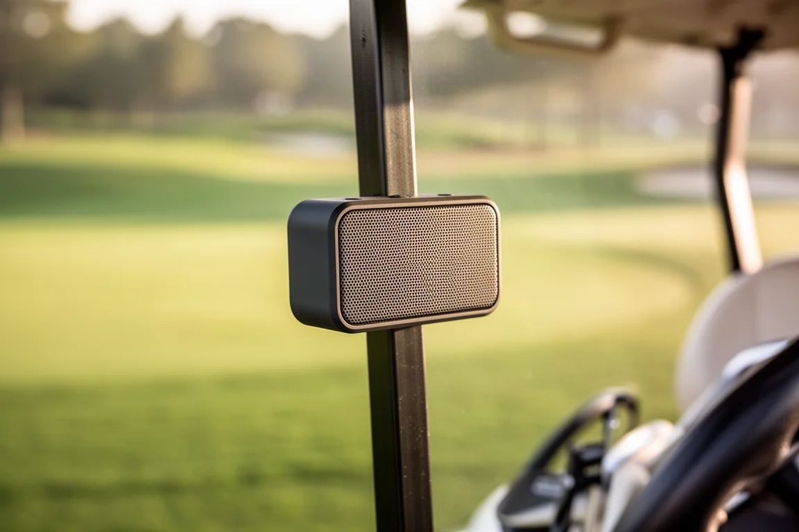 Altavoz fijado magnéticamente al poste de un carrito de golf en un campo soleado