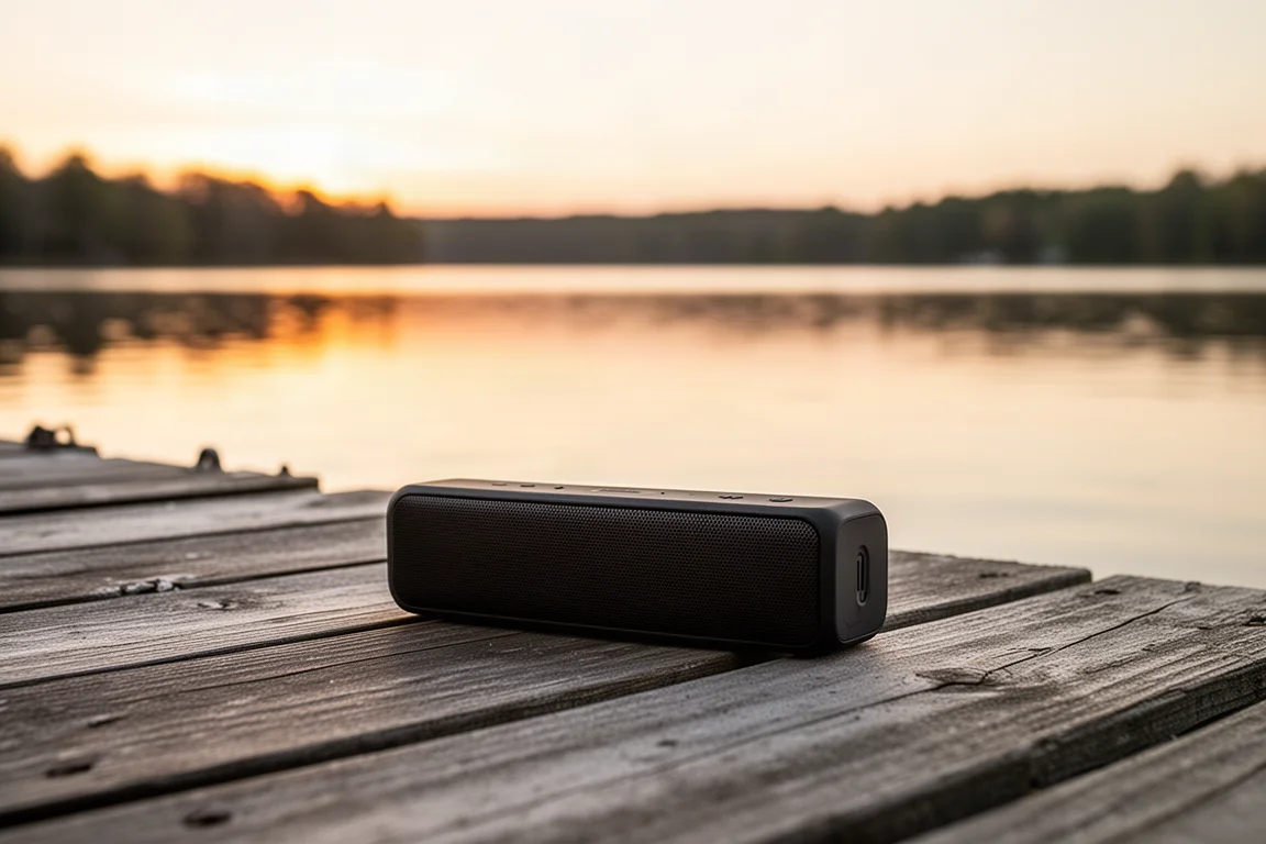 Altavoz portátil apoyado en un muelle de madera junto a un lago tranquilo al atardecer