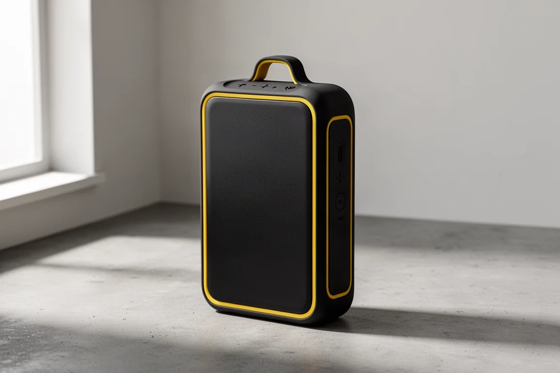 Slim portable Bluetooth speaker with rubber edges and carry handle on concrete surface