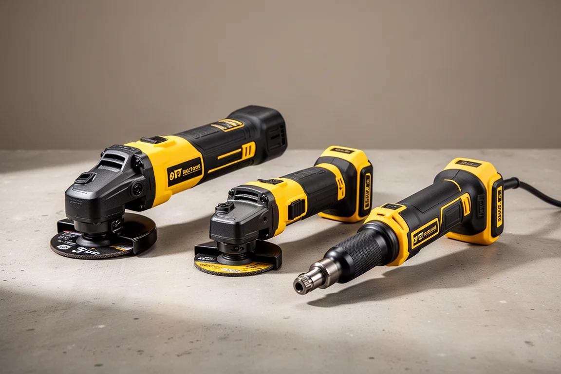 Three DeWalt Atomic 20V Max metalworking tools arranged on a concrete surface
