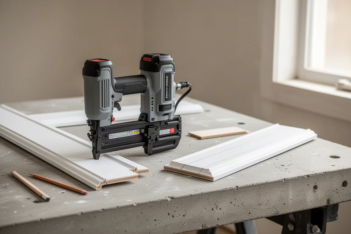 Akku-Pin-Nailer auf einer Werkbank neben Leistenresten