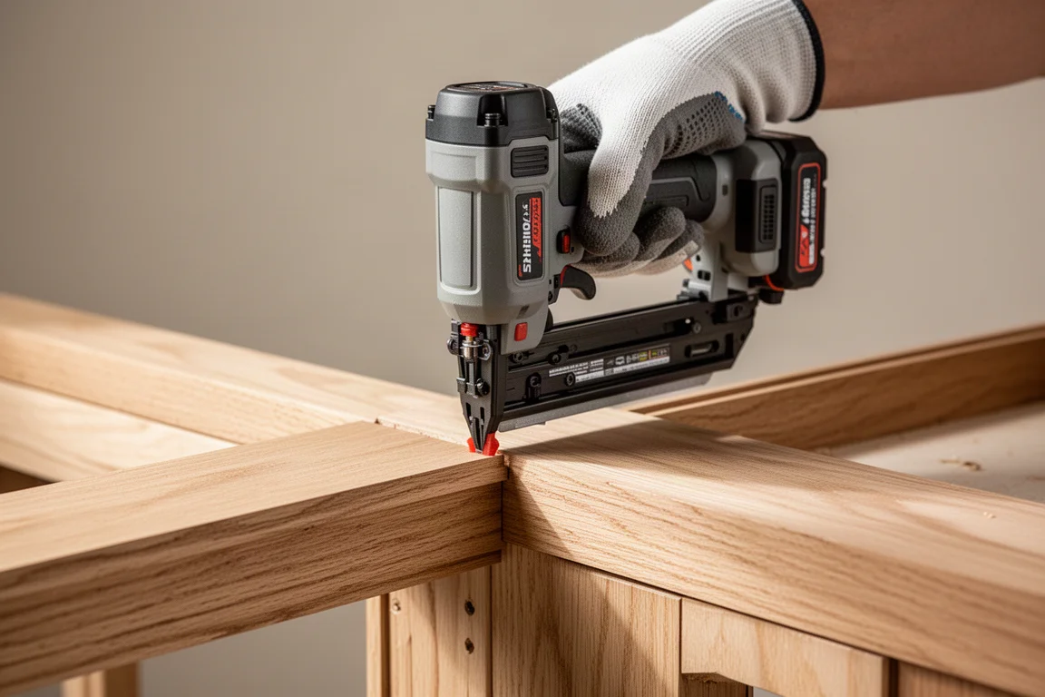 Pin-Nailer schlägt einen Nagel bündig in eine Hartholzleiste