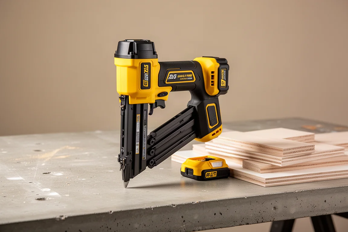 Compact cordless DeWalt pin nailer on a workbench beside trim boards