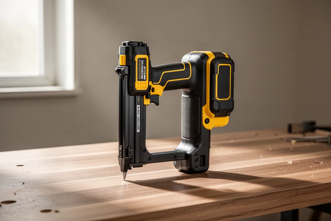 Compacte accu-spijkertacker van DeWalt op een houten werkbank