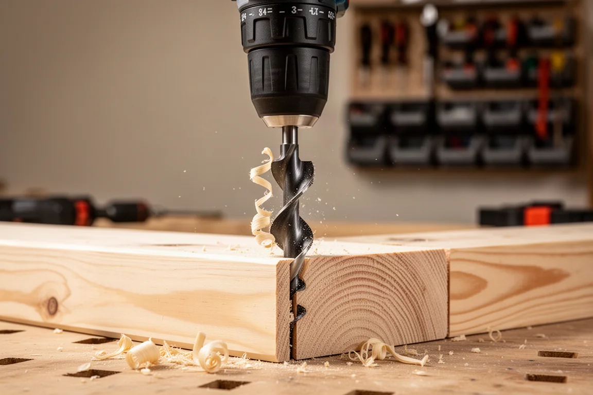 Compact cordless drill boring through dimensional lumber with a spade bit