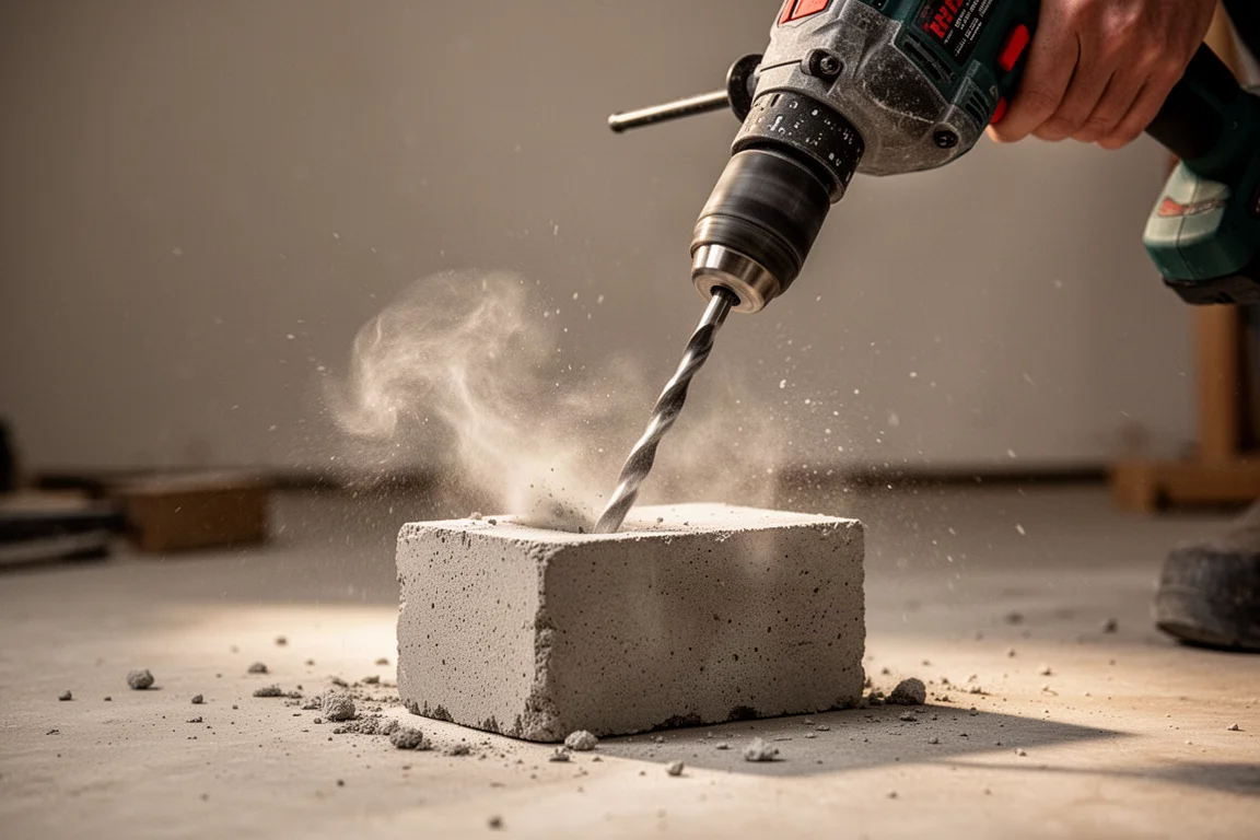 Hammer drill carving into concrete with visible drilling dust