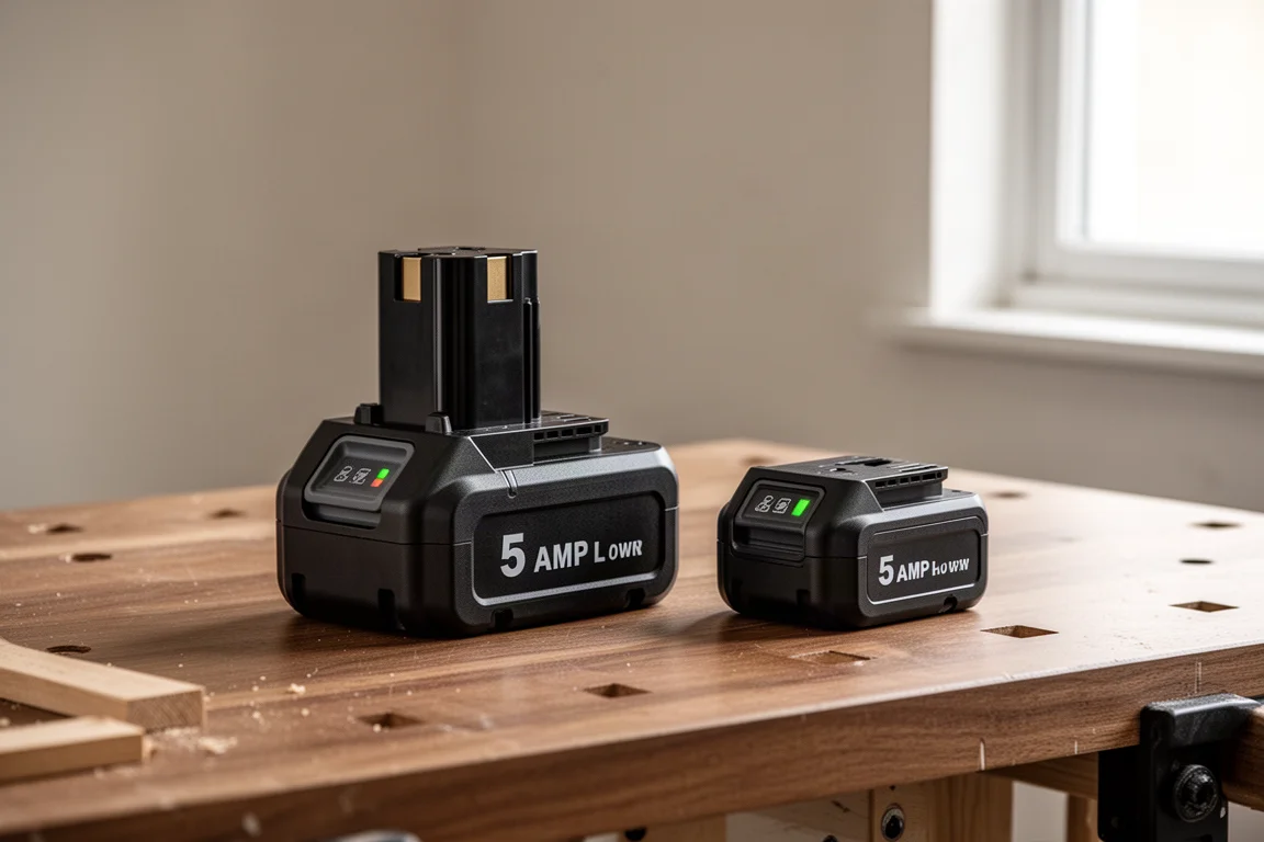 Two cordless drill batteries of different sizes side by side on a workbench