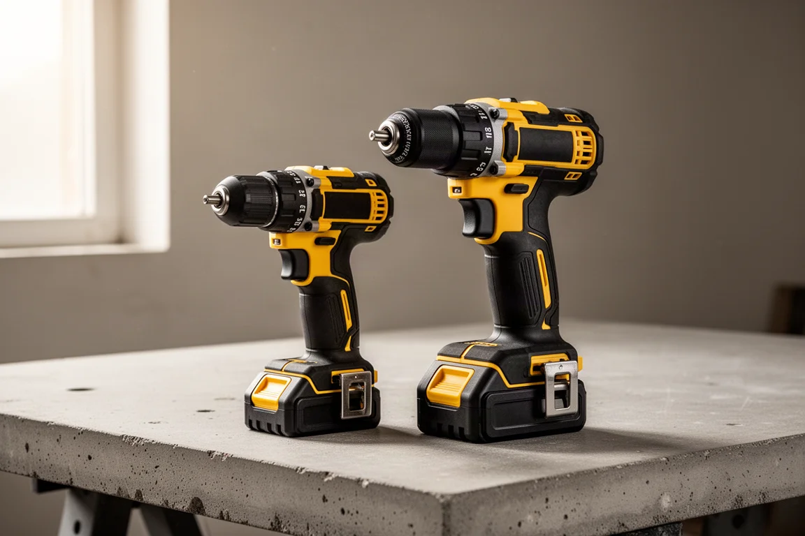 DeWalt Atomic compact drill and hammer drill side by side on a workbench