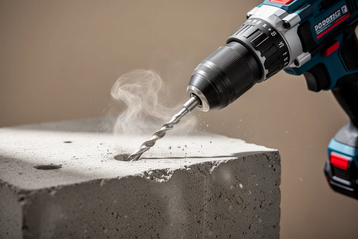 Martillo rotatorio compacto perforando un pequeño agujero de anclaje en hormigón